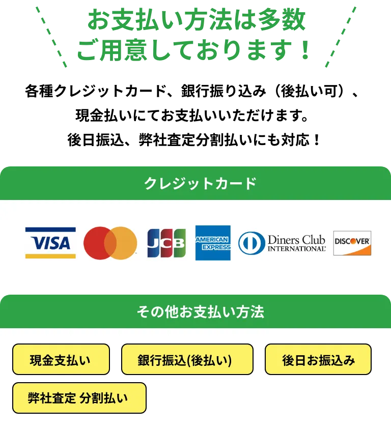 各種クレジットカード、銀行振り込み（後払い可）、 
                    現金払いにてお支払いいただけます。 
                    後日振込、弊社査定分割払いにも対応！